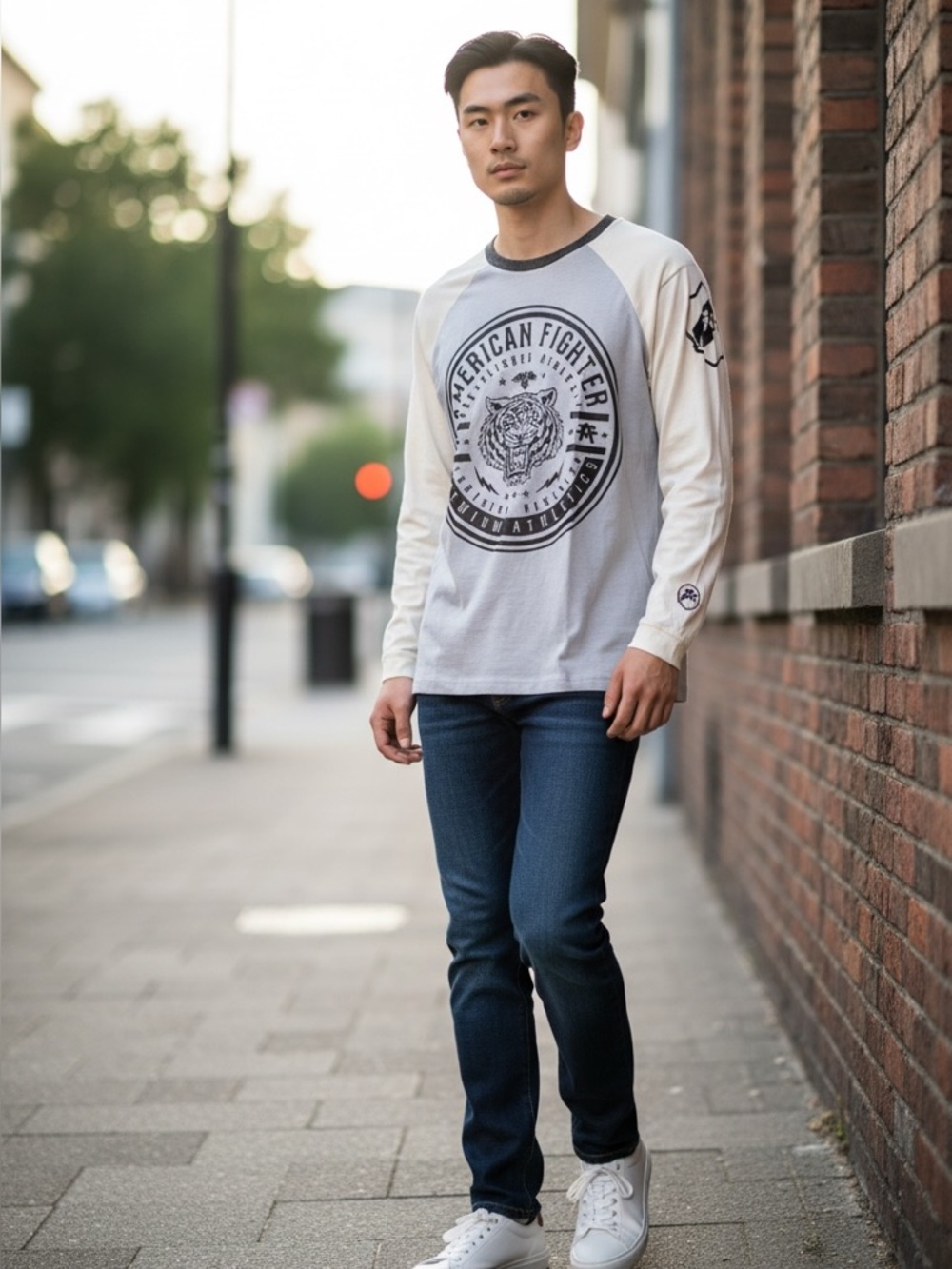 American Fighter Cream & Light Gray Raglan Long Sleeve Shirt Tiger Emblem 1087